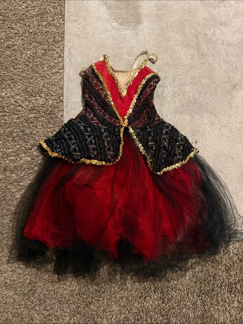 Girls Red and Black Tulle Dance Costume Dress with Gold Trim